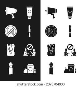Set Disposable plastic knife, Say no to bags poster, Spread the word, megaphone, Cream cosmetic tube, Stop ocean pollution, Recycle bin with recycle and Bottle of water icon. Vector