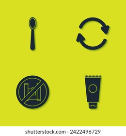 Set Disposable plastic spoon, Cream cosmetic tube, Say no to bags poster and Refresh icon. Vector