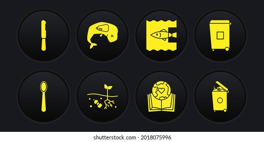 Set Disposable plastic spoon, Trash can, Problem of pollution planet, Earth globe and book, Stop ocean, Environment protection whale dead,  and knife icon. Vector