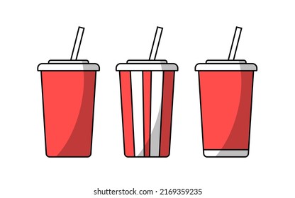 Set of disposable soda cups with straw icon for cold drinks. Vector illustration.