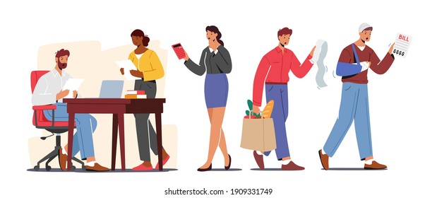 Set of Dissatisfied Characters Shocked with High Price Concept. Upset People Look on Bills Surprised with Medicine or Grocery Expensive Cost, Astonished, Mad Emotions. Cartoon Vector Illustration