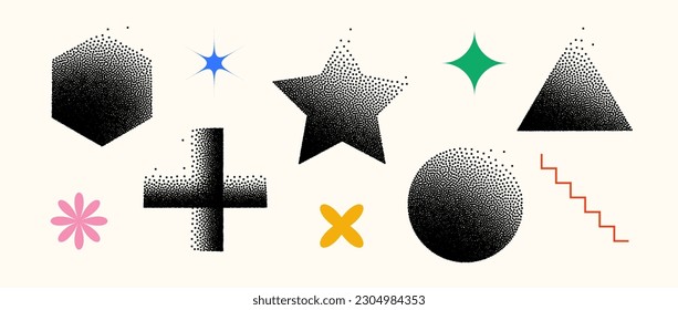 Set of dissolving shapes. Fading cross, hexagon, star, triangle, circle primitives collection. Figures with halftone dust gradient. Geometric elements made of particles, speckles, specks. Vector