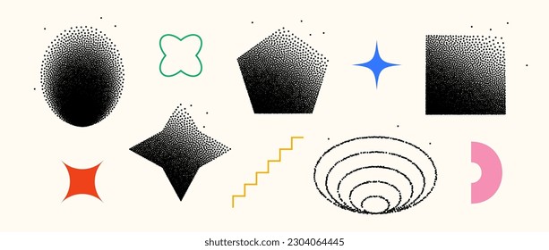 Set of dissolving shapes. Fading square, pentagon, star, rectangle, ellipse primitives collection. Figures with halftone dust gradient. Geometric elements made of particles, speckles, specks. Vector