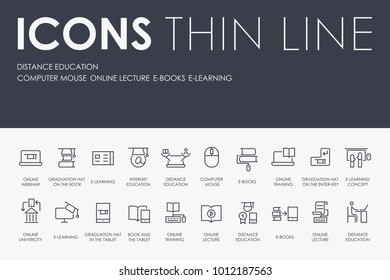 Set of DISTANCE EDUCATION Thin Line Vector Icons and Pictograms