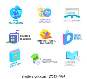 Set of Distance Learning Banners or Icons. Online Education Courses, Homeschooling Concept. Book in Shape of House, Academical Graduation Cap Isolated on White Background. Cartoon Vector Illustration