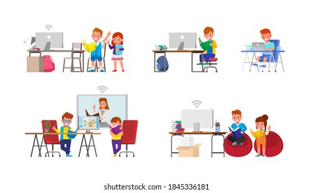 Set of Distance learning online education classes for children during corona virus. Social distancing, self-isolation and stay at home concept. Character vector design.