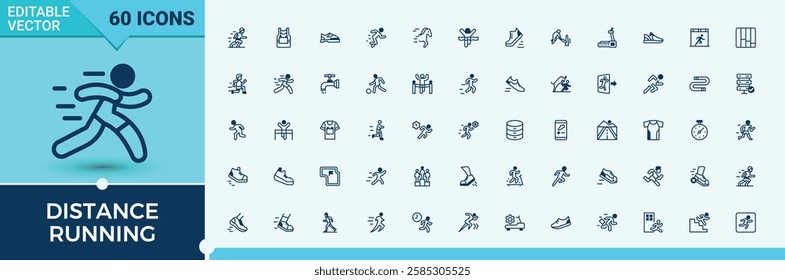 Set of Distance Running line icons. Includes icons for lifestyle, activity, summer, body, motion, marathon and more. Simple icon designs. Solid line editable stroke. Vector line and solid icons.