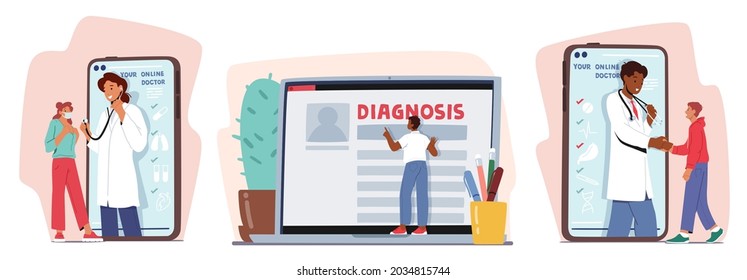 Set Distant Online Medicine Consultation. Smart Medical Technologies. Doctors Communicating with Patients through Computer and Mobile Phone Screen from Hospital Cabinet. Cartoon Vector Illustration