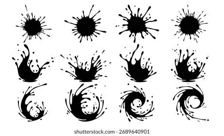 Un conjunto de distintas salpicaduras de tinta negra y diseños de líquido arremolinado sobre un fondo blanco, perfecto para Elementos gráficos.	