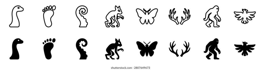 A set of distinct icons representing legendary beings and unexplained phenomena, presented in both line art and solid fill formats