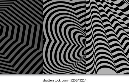 Set of distorsion line pattern. Optical illusion Vector illustration. Grey color. For wallpaper, interior design