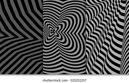 Set of distorsion line pattern. Optical illusion Vector illustration. Grey color. For wallpaper, interior design