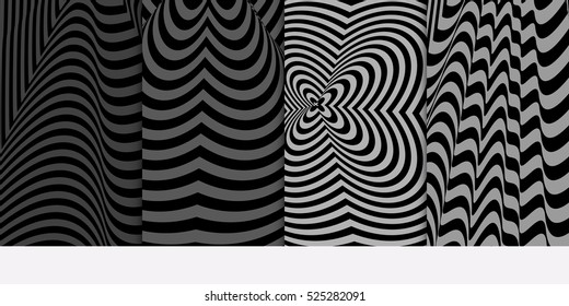 Set of distorsion line pattern. Optical illusion Vector illustration. Grey color. For wallpaper, interior design