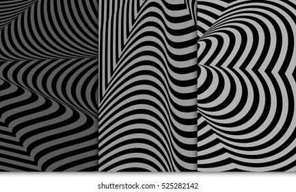 Set of distorsion line pattern. Optical illusion Vector illustration. Grey color. For wallpaper, interior design