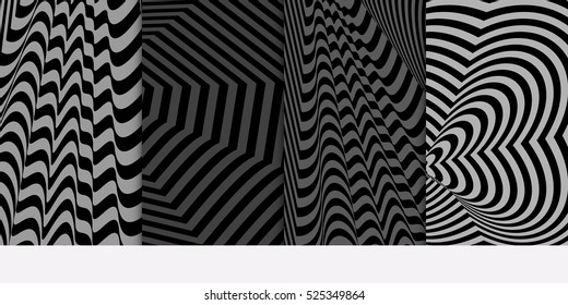 Set of distorsion line pattern. Optical illusion Vector illustration. Grey color. For wallpaper, interior design