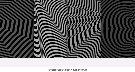 Set of distorsion line pattern. Optical illusion Vector illustration. Grey color. For wallpaper, interior design