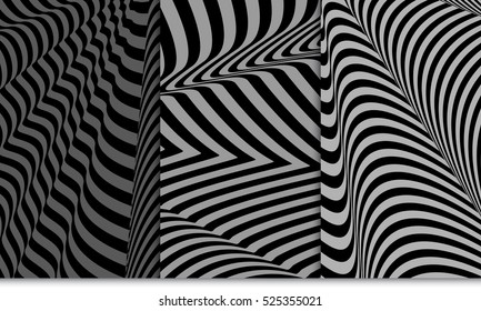Set of distorsion line pattern. Optical illusion Vector illustration. Grey color. For wallpaper, interior design