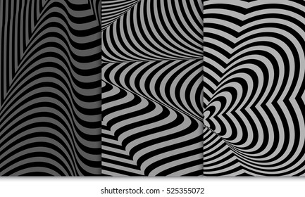 Set of distorsion line pattern. Optical illusion Vector illustration. Grey color. For wallpaper, interior design