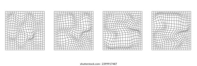Set of distorted black mesh. Retrowave, synthwave, rave, vaporwave.Trendy retro 1980s, 90s style. Print, poster, banner. Vector illustration.