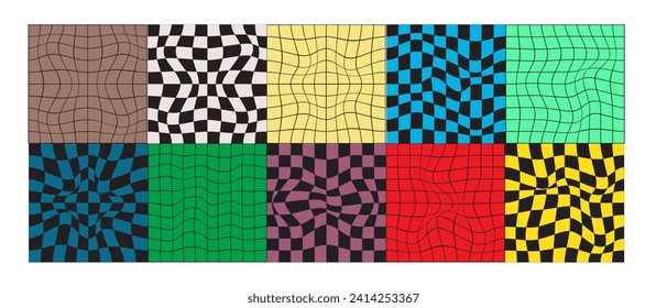 Set of distorted checkerboard background samples. Psychedelic patterns with warped color squares. Chequered visual illusion. Trippy layouts in retro 60s 70s 80s 90s y2k style. Vector flat illustration