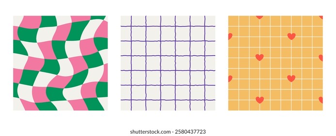 Set of distorted checkerboard backgrounds, psychedelic y2k patterns. Swirling grid effect, bold geometric waves, nostalgic hippie-inspired texture.