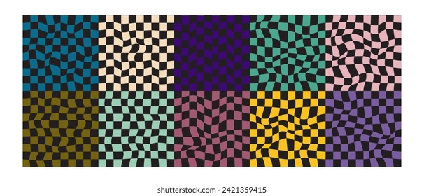 Set of distorted chessboard backgrounds. Psychedelic patterns with warped colorful squares. Chequered optical illusion. Groovy layouts in retro 60s 70s 80s 90s y2k style. Vector flat illustration