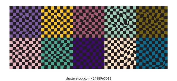Set of distorted chessboard backgrounds. Psychedelic patterns with colorful warped squares. Checkered visual illusion. Preppy layouts in retro 60s 70s 80s 90s y2k style. Vector flat illustration