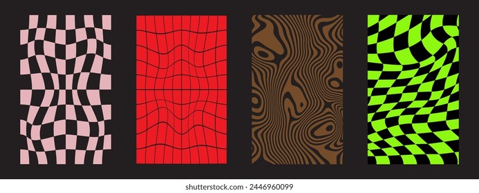 Set of distorted chessboard and curvy backgrounds. Psychedelic patterns with colorful warped squares and wavy lines. Groovy layouts in retro 60s 70s 80s 90s y2k style. Vector flat illustration.