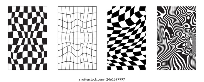 Set of distorted chessboard and curvy backgrounds. Psychedelic patterns with colorful warped squares and wavy lines. Groovy layouts in retro 60s 70s 80s 90s y2k style. Vector flat illustration.