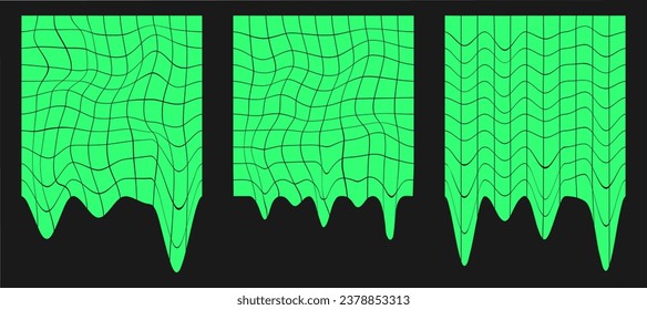 Set of distorted cyber grid. Cyberpunk geometry elements y2k style. Isolated green mesh on black background. Vector fashion illustration.