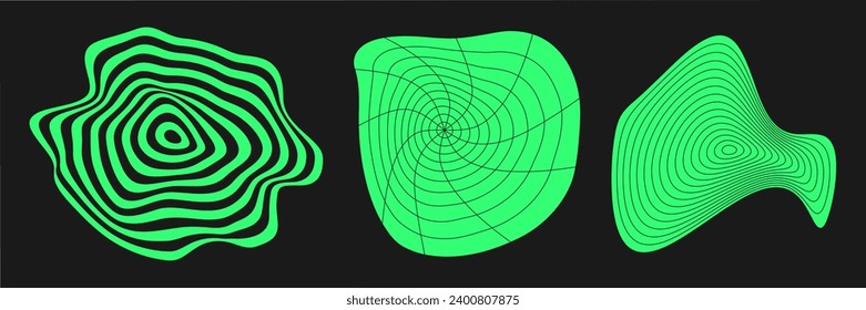 Set of distorted cyber grids. Cyberpunk geometry element y2k style. Isolated green mesh on black background. Vector fashion illustration.