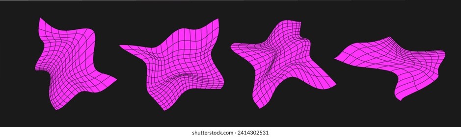 Conjunto de ciberredes distorsionadas. Ciberpunk geometría elemento y2k estilo. Malla rosa aislada sobre fondo negro. Ilustración de la moda vectorial.