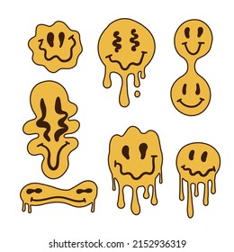 Set of distorted emoji faces isolated on white background. Retro trippy characters, dripping emoticons. Vector hand drawn illustration.