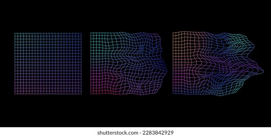 Set of distorted grid backgrounds in vaporwave or 90s style with colorful gradient. Wave bent graphic grid for music cover design.