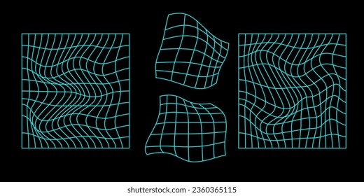 Set of distorted grid pattern. Vector graphics. Abstract vector illustration isolated on black background.