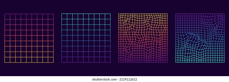 Set Of Distorted Grid Square Neon Pattern. Warp Futuristic Geometric Square Glitch. Abstract Modern Design. Wave Ripple Perspective Square. Isolated Vector Illustration.