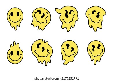 Set of distorted groovy melting   faces with smile on 70s retro style. Character funny psychedelic. Vector flat illustration. Dripping smile print.