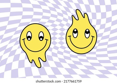 Set of distorted groovy melting   faces with smile on 70s retro style on optical background. Character funny psychedelic. Vector flat illustration. Dripping smile print.