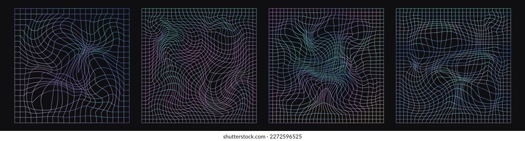 A set of distorted holographic grids. Square background with grids in the style of Y2K 00s, 90s. Element for cover retrowave, syntwave