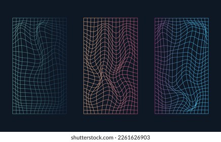 Set of distorted holographic pearly neon mesh.Retrowave, synthwave, rave, vaporwave.Trendy retro 1980s, 90s style. Vector illustration.