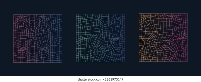 Set of distorted holographic pearly neon mesh.Retrowave, synthwave, rave, vaporwave.Trendy retro 1980s, 90s style. Vector illustration.