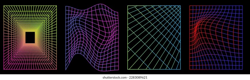 Set of distorted neon grid pattern. 3D abstract posters, patterns, cyberpunk elements in trendy psychedelic rave style