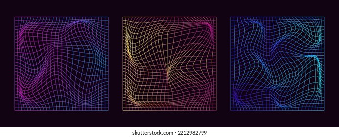 Set of distorted neon grid pattern.Retrowave, synthwave, rave, vaporwave. Blue, black, pink purple colors. Trendy retro 1980s, 90s style. Print, poster, banner.