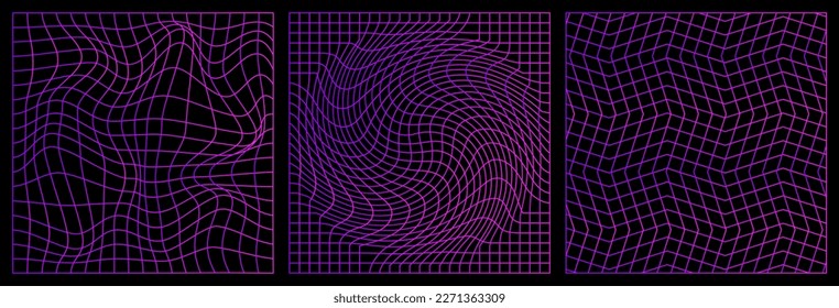 Set of distorted neon grid pattern.Retrowave, synthwave, rave, vaporwave. Blue, black, pink purple colors. Trendy retro 1980s, 90s style. Print, poster, banner.	