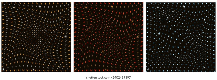 Set distorted Sparkly background with 3d star on dark backdrop. Starry sky design. Glitzy twirl Christmas vector illustration can used web pages, banner, poster. Bright pattern.