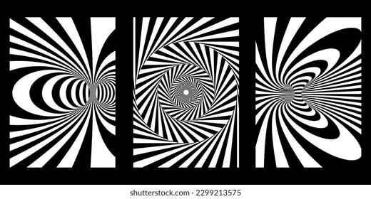 Set of distorted spiral transitions for posters, design, flyers, social networks, clothing, print. Twisted distorted Y2K style vector aesthetic. Retrowave Y2K shapes. Black and white shapes retro psyc