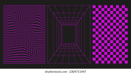  Set of distorted vertical grid pattern, checkerboard pattern and dotted distorted vertical pattern. Y2K Retrowave shapes, vaporwave, rave. Trendy retro shapes 1980s, 90s, 2000s style. vector