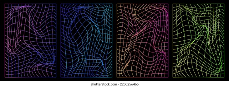 Set of distorted vertical  neon grid pattern. Retrowave, synthwave, rave, vaporwave. Blue, black, pink purple colors. Trendy retro 1980s, 90s, 2000s style. Print, poster, banner.	