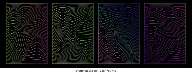 Set of distorted vertical neon grid pattern.  Trendy retro 1980s, 2000s style. Abstract posters. Cyberpunk elements in trendy psychedelic rave style.