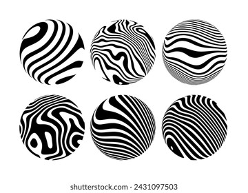 Set of distorted wavy pattern spheres. Striped circle shapes. Vector illustration. Graphic elements for banner or poster design